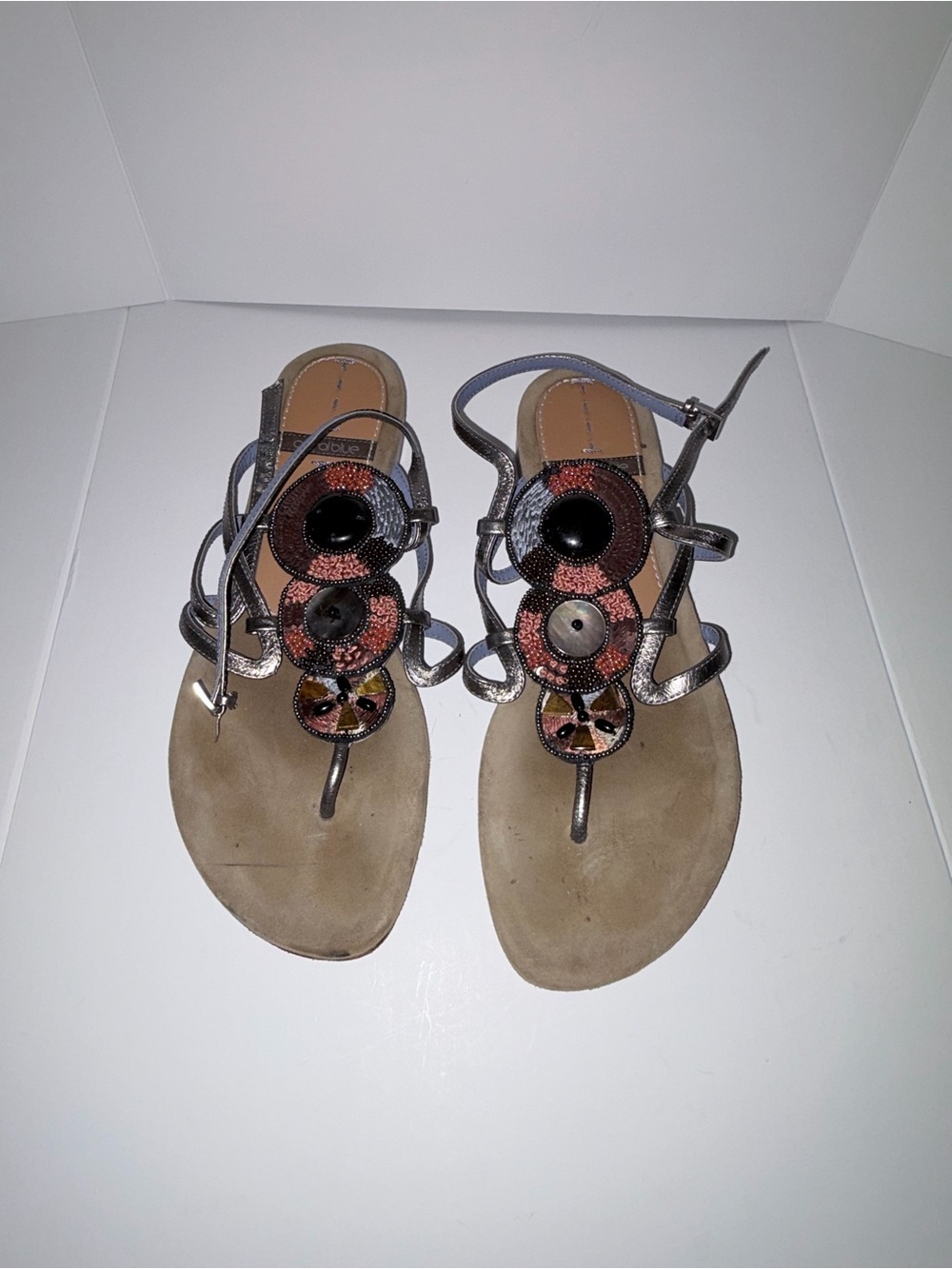 Embellished Metallic Gladiator Sandals in Gray and Brown